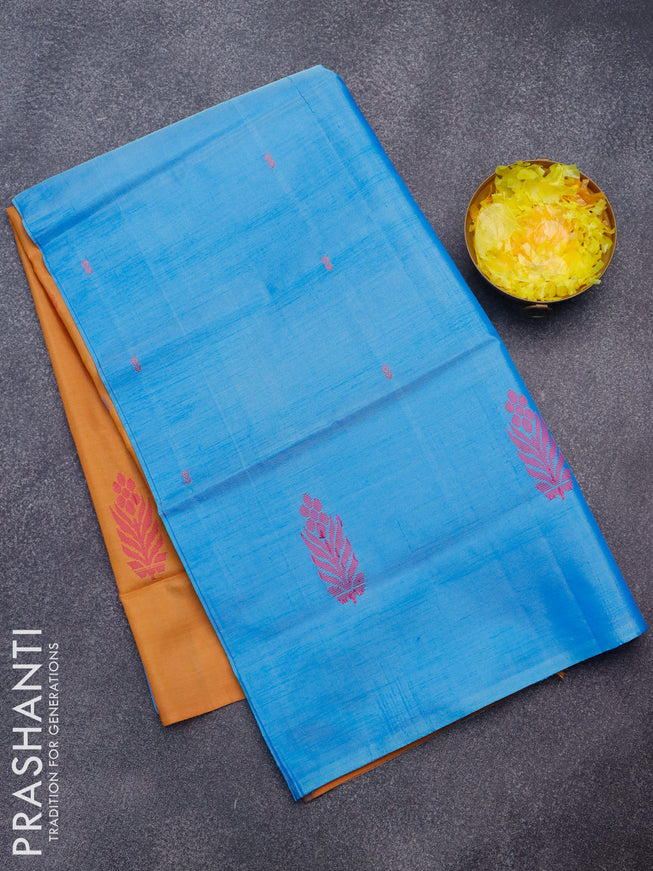 Banana pith saree blue and dark mustard with thread woven buttas in borderless style