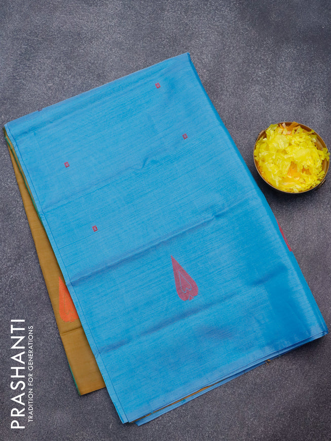 Banana pith saree blue and dark sandal shade with thread woven buttas in borderless style