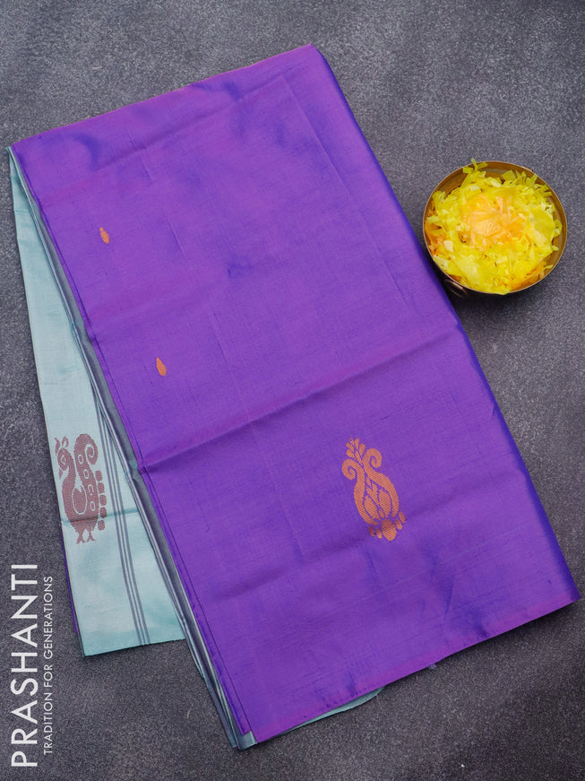 Banana pith saree violet and pastel blue with thread woven buttas in borderless style
