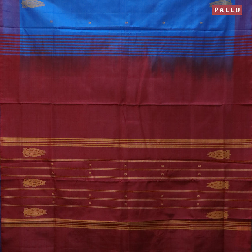 Banana pith saree cs blue and maroon with thread woven buttas and contrast border