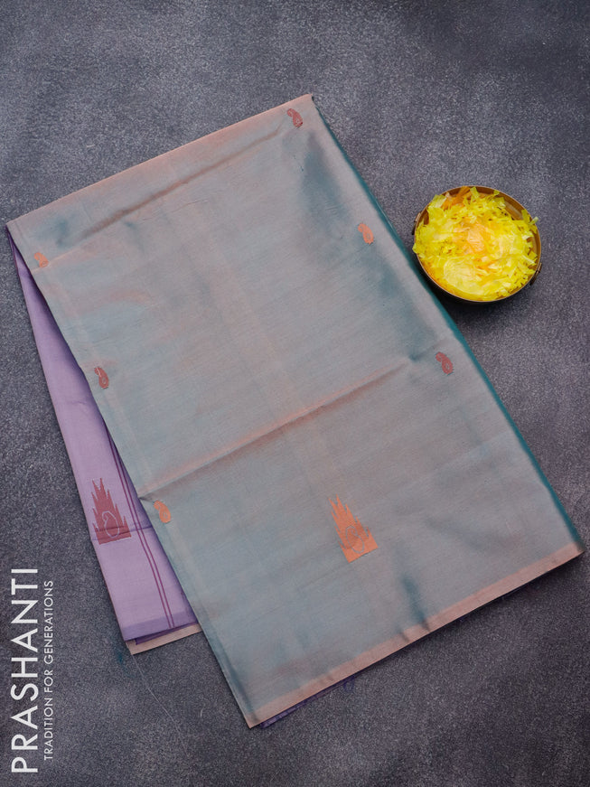 Banana pith saree dual shade of green and lavender shade with thread woven buttas in borderless style