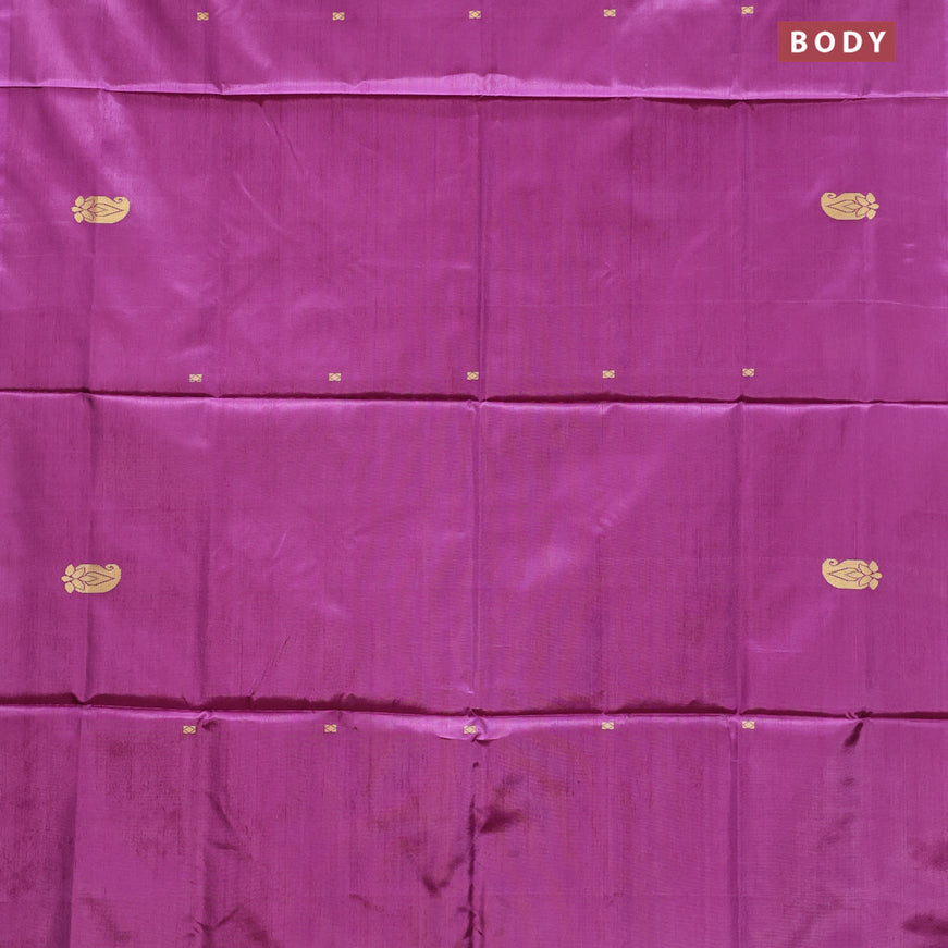 Banana pith saree purple and sandal with thread woven buttas in borderless style