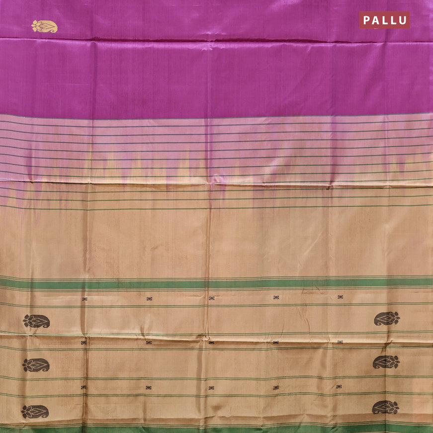 Banana pith saree purple and sandal with thread woven buttas in borderless style