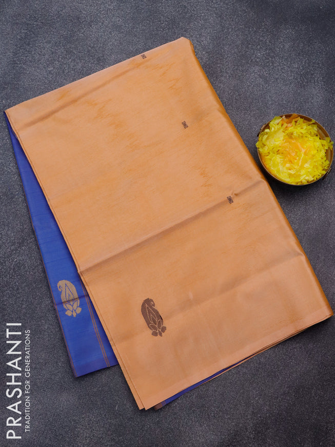 Banana pith saree mild peach orange and blue with thread woven buttas in borderless style