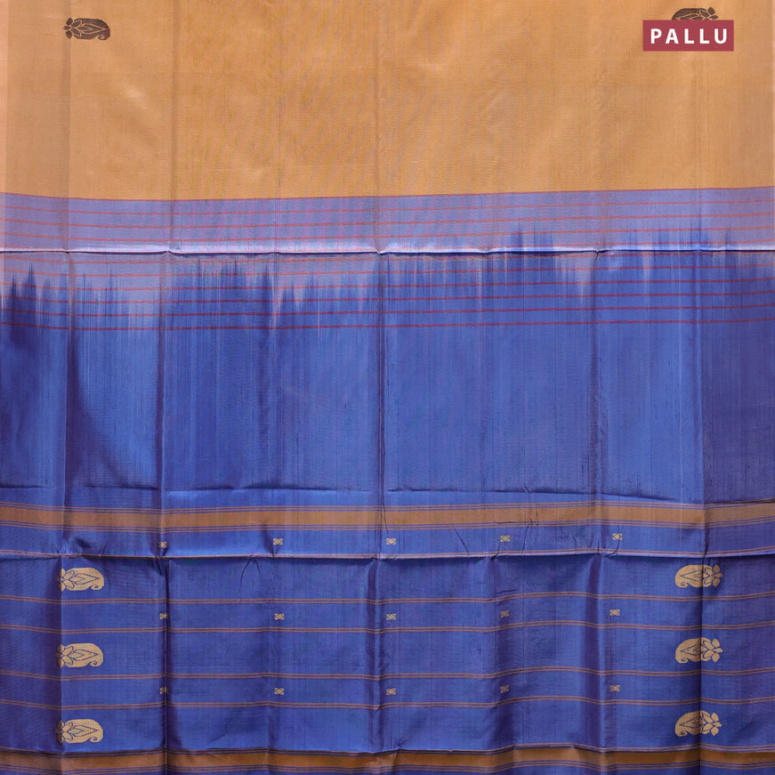 Banana pith saree mild peach orange and blue with thread woven buttas in borderless style