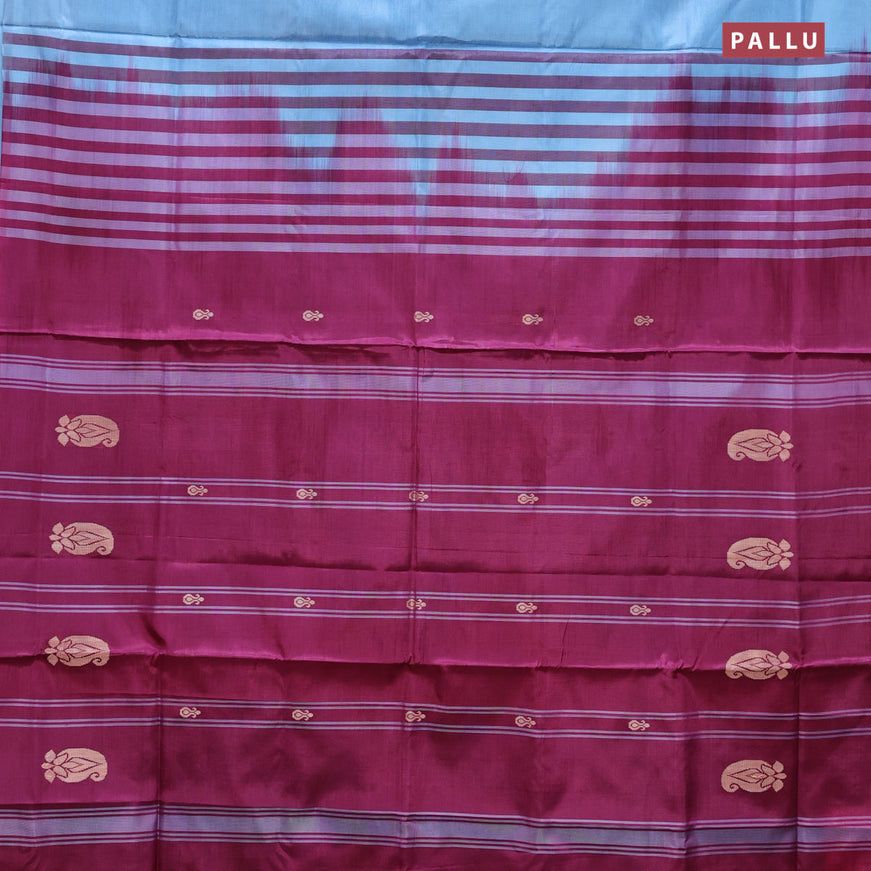 Banana pith saree light blue and magenta pink with thread woven buttas in borderless style