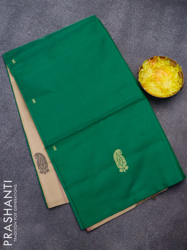 Banana pith saree green and sandal with thread woven buttas in borderless style