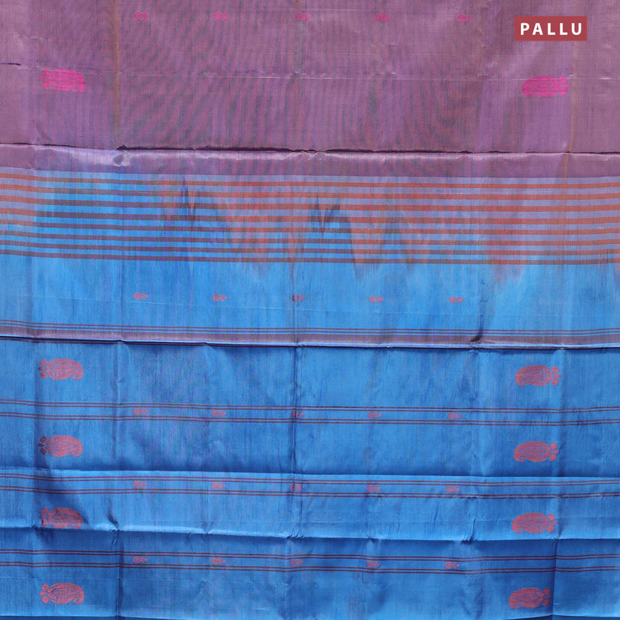 Banana pith saree dual shade of bluish beige and light blue with thread woven buttas in borderless style