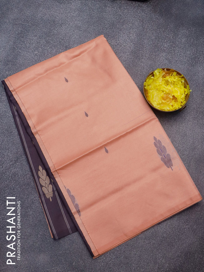 Banana pith saree peach and elephant grey with thread woven buttas in borderless style
