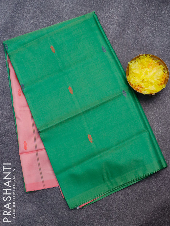 Banana pith saree green and light pink with thread woven buttas in borderless style