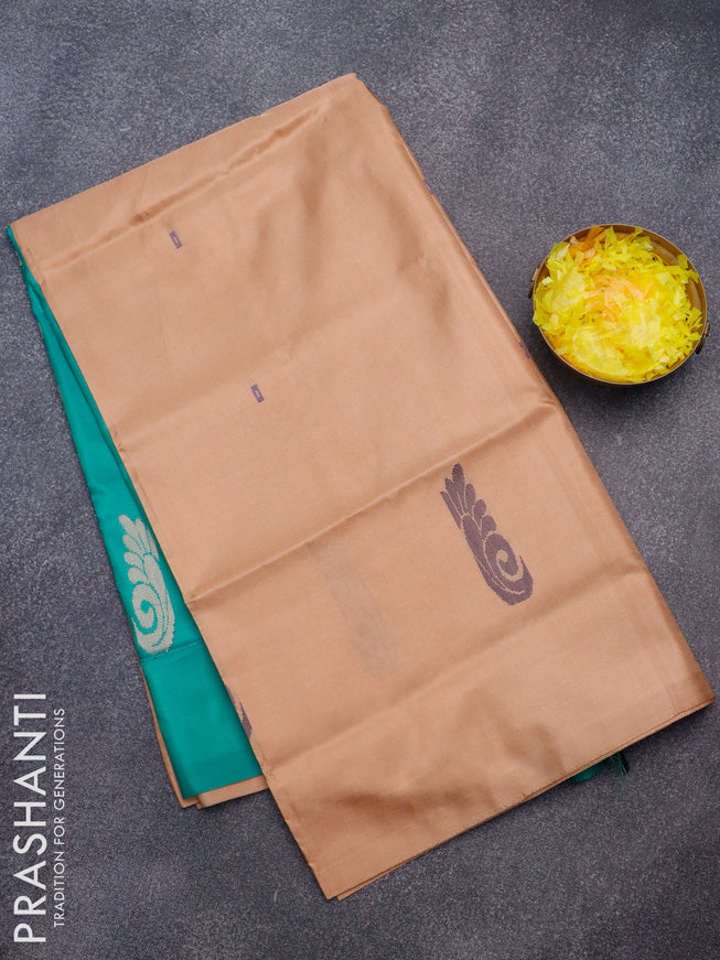 Banana pith saree beige and green with thread woven buttas in borderless style