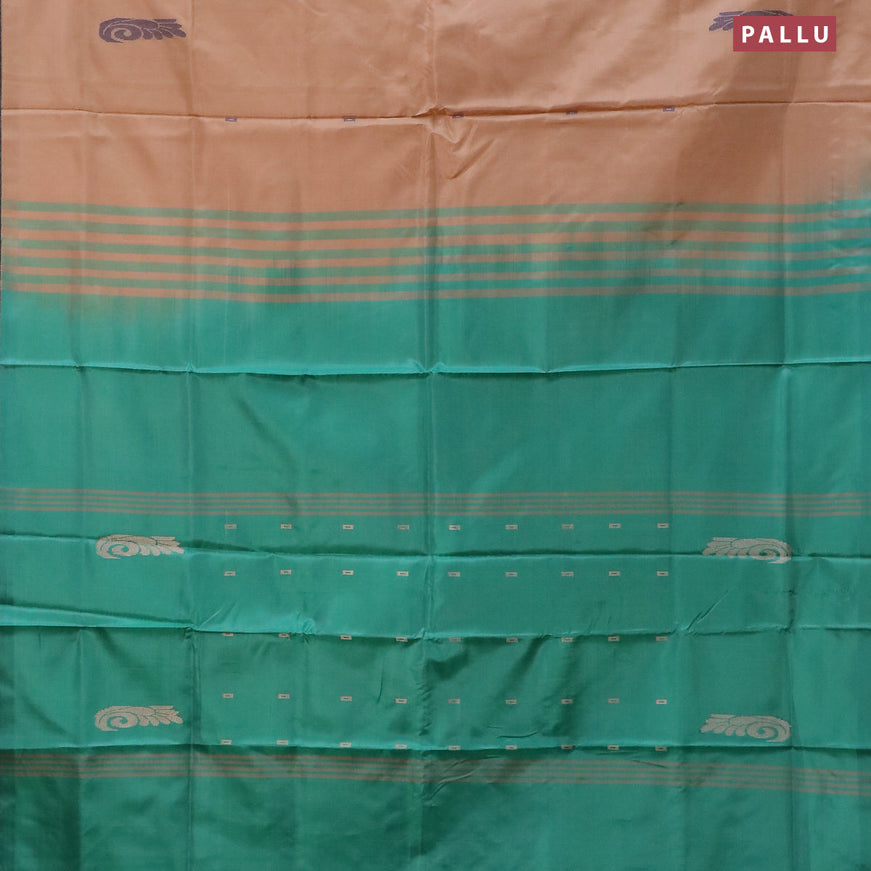 Banana pith saree beige and green with thread woven buttas in borderless style
