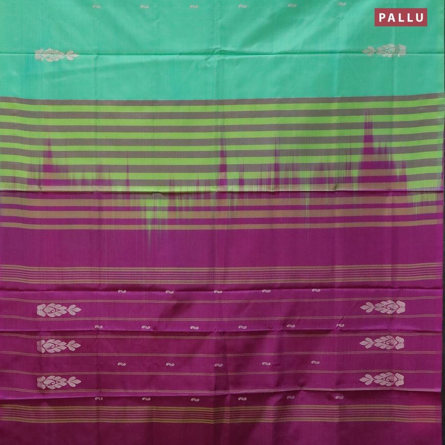 Banana pith saree teal green and magenta pink with thread woven buttas in borderless style