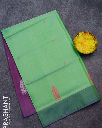 Banana pith saree light green and dual shade of purple with thread woven buttas and contrast border