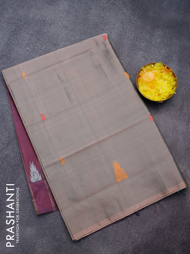 Banana pith saree dual shafe of beige and wine shade with thread woven buttas in borderless style
