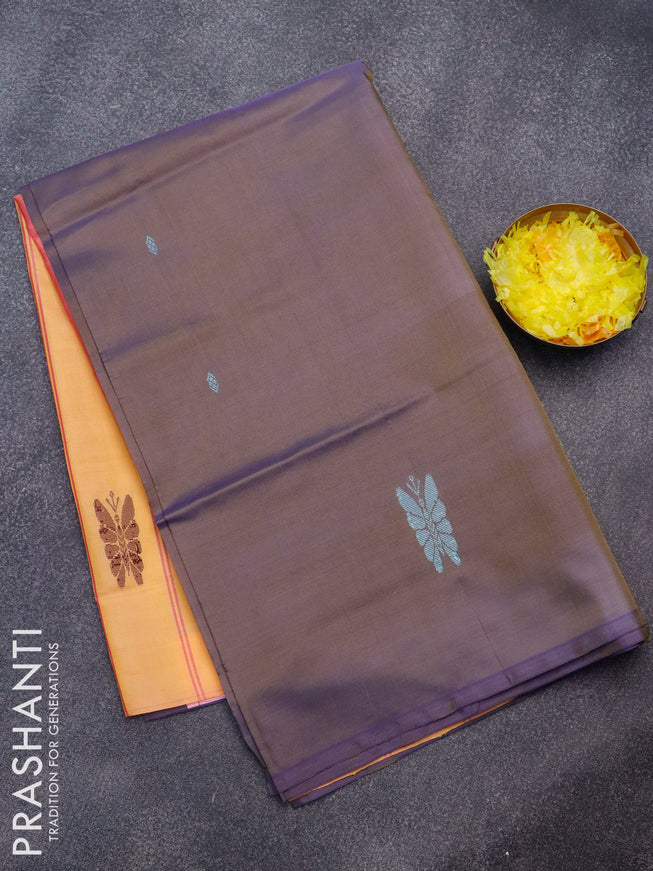 Banana pith saree dual shade of blue and dual shade of yellow with thread woven buttas in borderless style