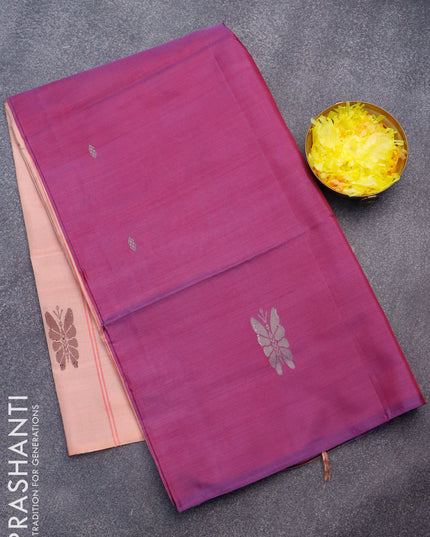 Banana pith saree purple shade and pastel peach with thread woven buttas in borderless style