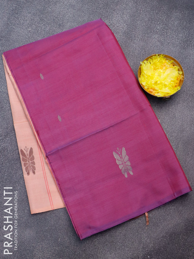 Banana pith saree purple shade and pastel peach with thread woven buttas in borderless style