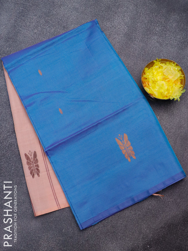 Banana pith saree dual shade of blue and pastel peach with thread woven buttas in borderless style