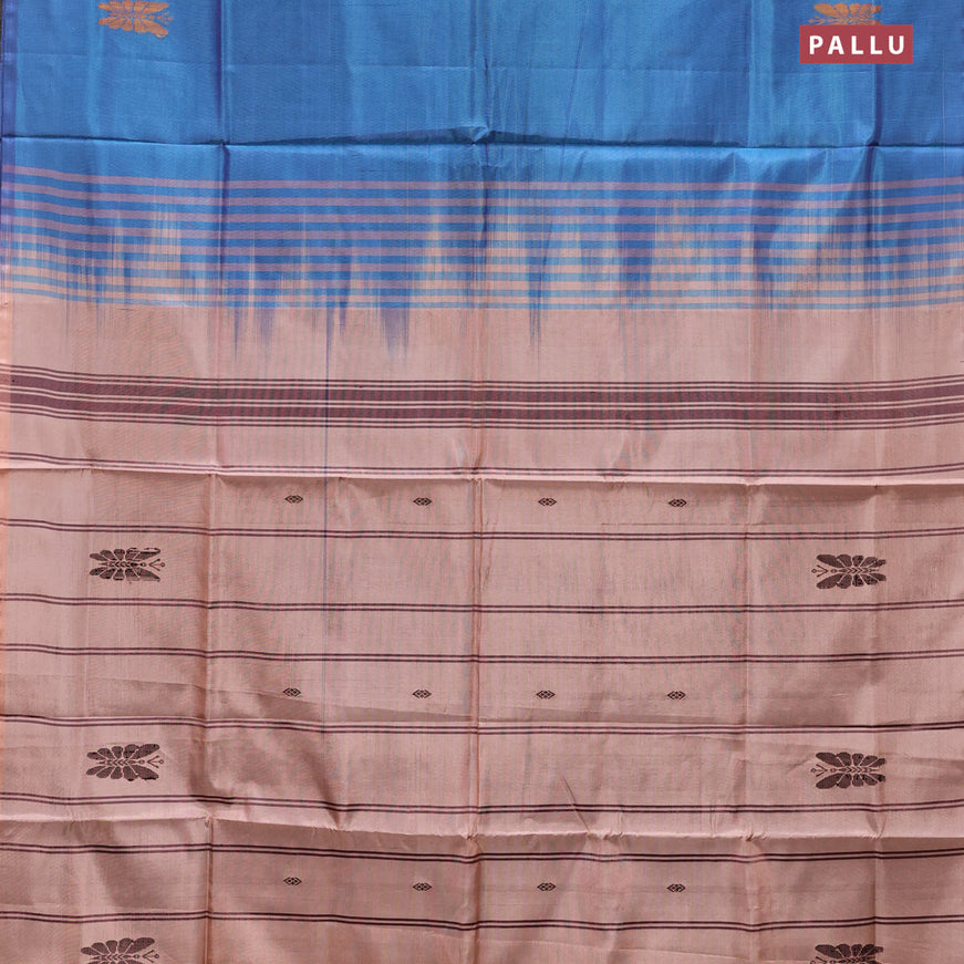Banana pith saree dual shade of blue and pastel peach with thread woven buttas in borderless style