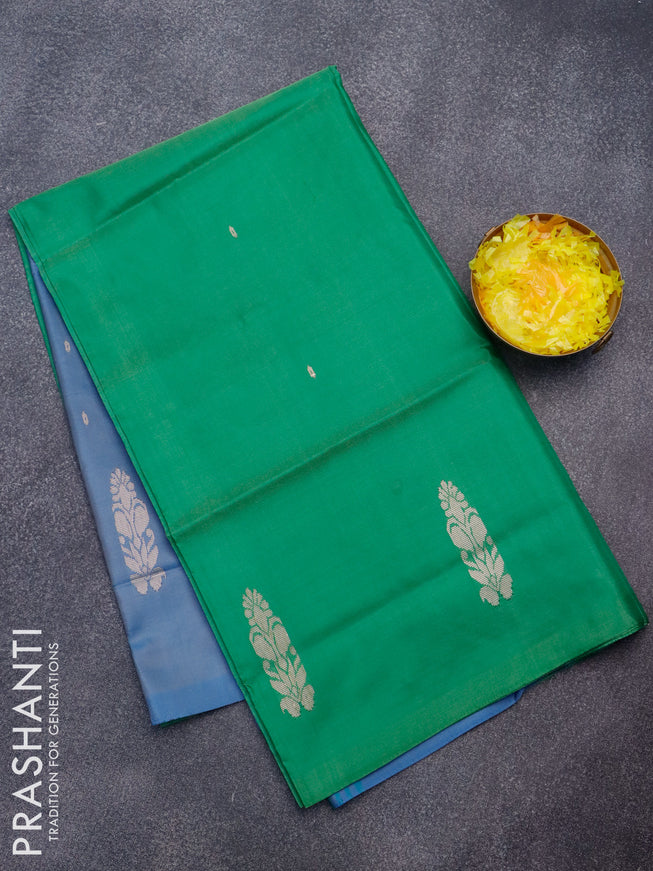 Banana pith saree green and dual shade of blue with thread woven buttas in borderless style