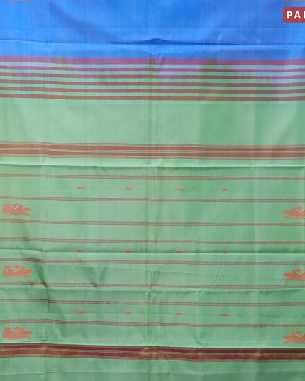 Banana pith saree cs blue and pastel green with thread woven buttas in borderless style