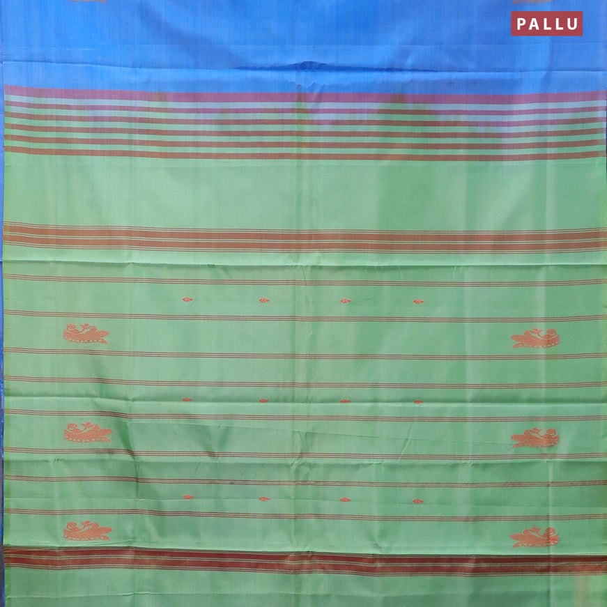 Banana pith saree cs blue and pastel green with thread woven buttas in borderless style