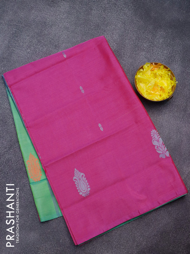 Banana pith saree pink and teal green with thread woven buttas in borderless style