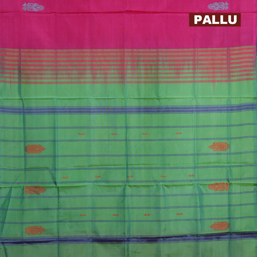 Banana pith saree pink and teal green with thread woven buttas in borderless style