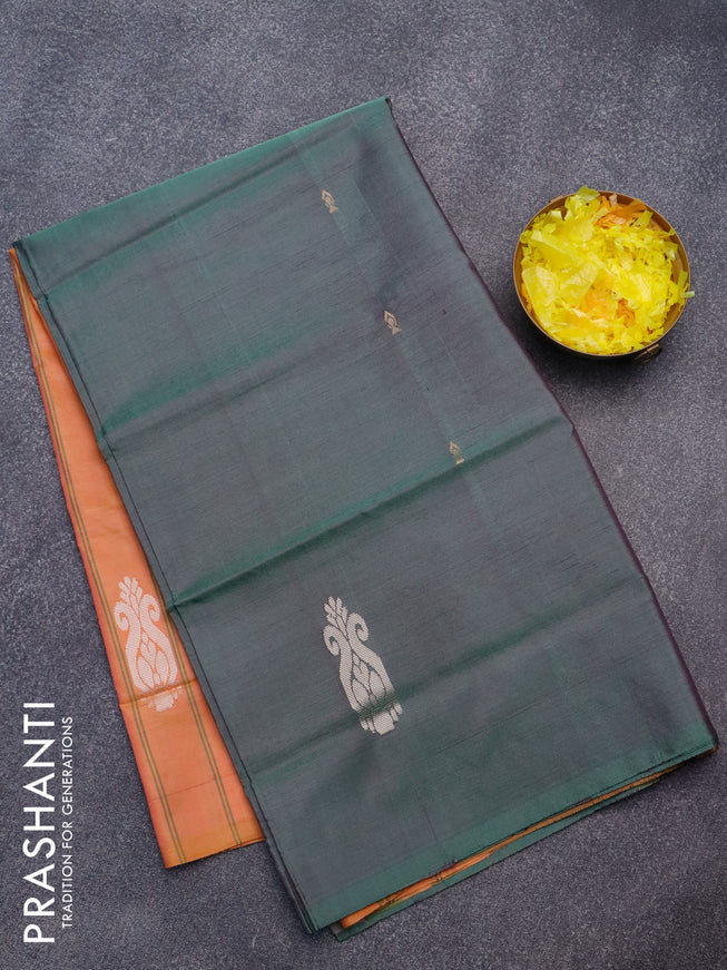 Banana pith saree dual shade of green and dual shade of mustard yellow with thread woven buttas in borderless style