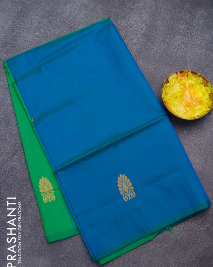 Banana pith saree peacock blue and parrot green with thread woven buttas in borderless style