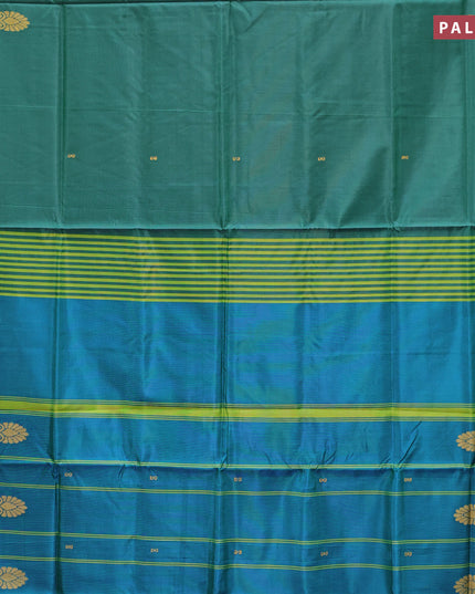 Banana pith saree green and dual shde of bluish green with thread woven buttas in borderless style