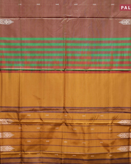 Banana pith saree dual shade of pinkish green and musrtard shade with thread woven buttas in borderless style