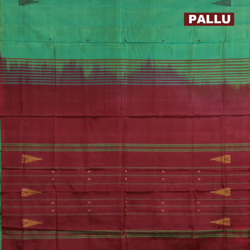 Banana pith saree green and maroon with thread woven buttas in borderless style