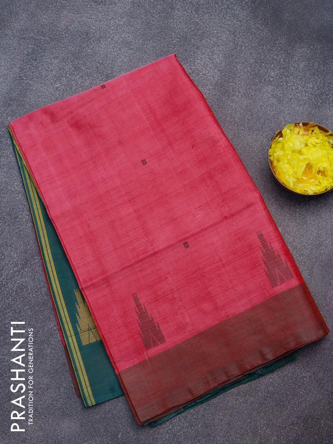Banana pith saree dark pink and bottle green with thread woven buttas and contrast border
