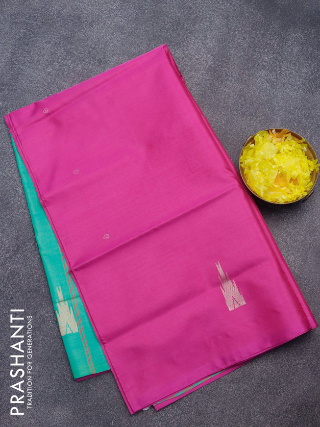 Banana pith saree magenta pink and teal green with thread woven buttas in borderless style