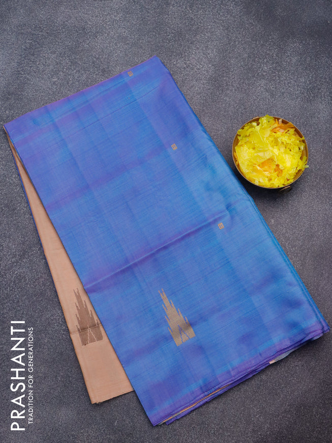 Banana pith saree blue and beige with thread woven buttas in borderless style
