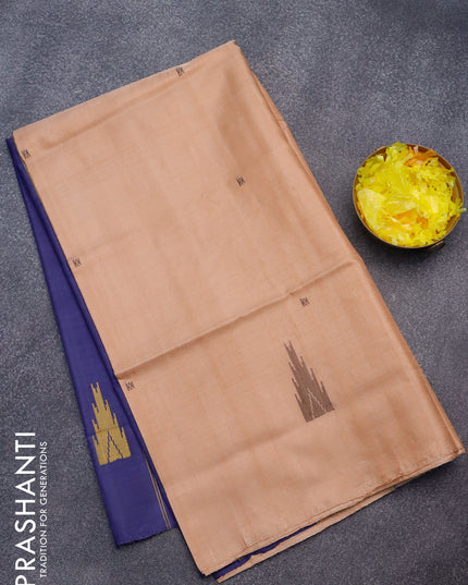 Banana pith saree beige and navy blue with thread woven buttas in borderless style