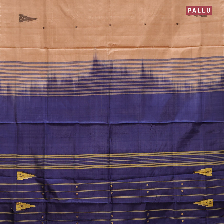 Banana pith saree beige and navy blue with thread woven buttas in borderless style