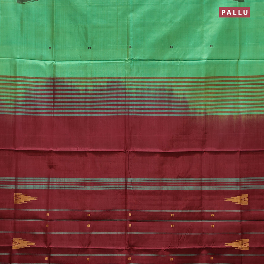 Banana pith saree dual shade of green and maroon with thread woven buttas in borderless style