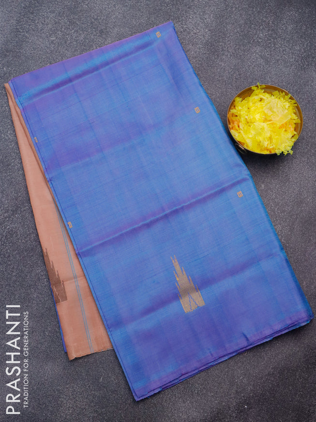 Banana pith saree cs blue and beige with thread woven buttas in borderless style