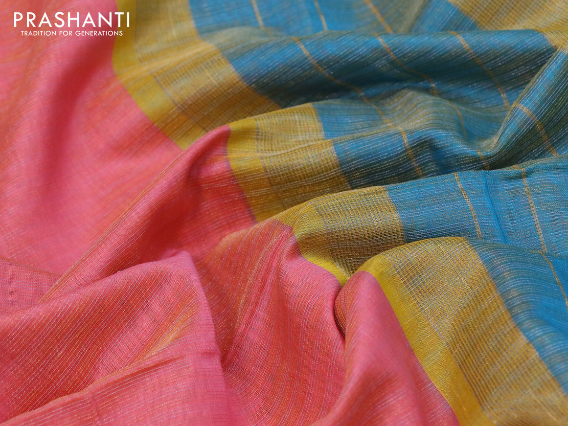 Maheshwari silk cotton saree peach pink and teal blue with allover zari stripes pattern and zari & thread woven border