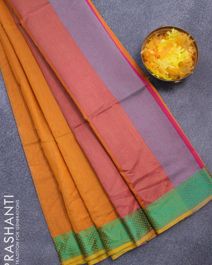 Maheshwari silk cotton saree mustard yellow and grey with allover stripes pattern and thread woven border
