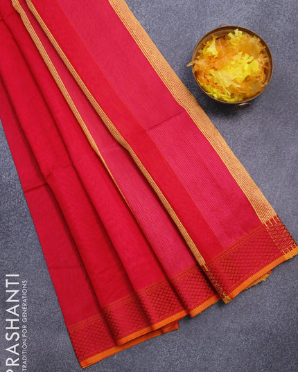 Maheshwari silk cotton saree red and yellow with allover stripes pattern and thread woven border