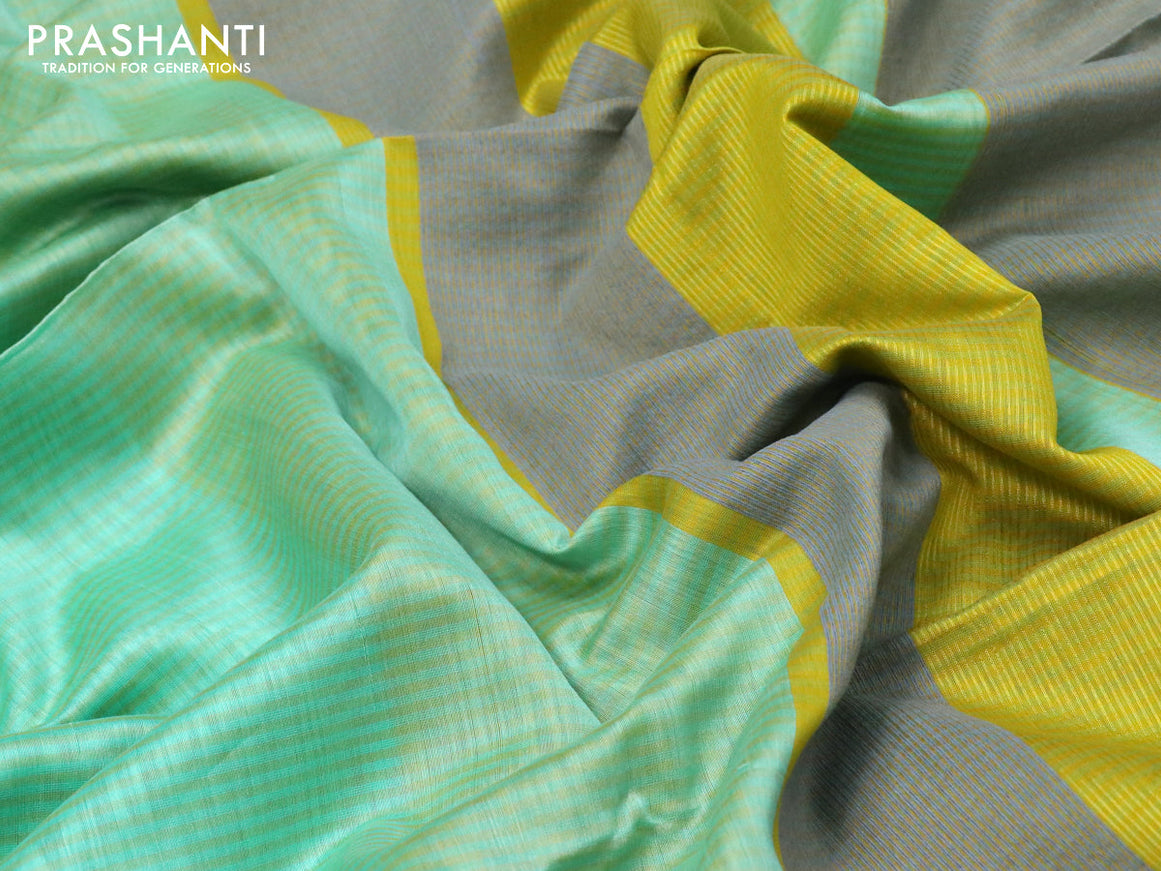 Maheshwari silk cotton saree pastel green and yellow with allover stripes pattern and thread woven border