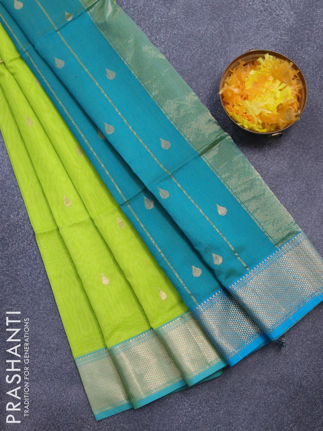 Maheshwari silk cotton saree fluorescent green and cs blue with zari woven buttas and zari woven border