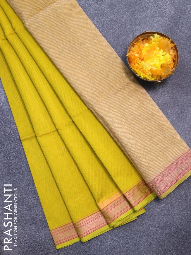 Maheshwari silk cotton saree lime yellow with allover stripes pattern and thread & zari woven border