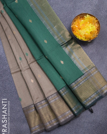 Maheshwari silk cotton saree beige and dark green with thread & zari woven buttas and zari woven border