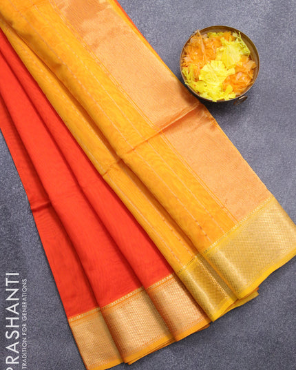 Maheshwari silk cotton saree orange and yellow with plain body and zari woven border