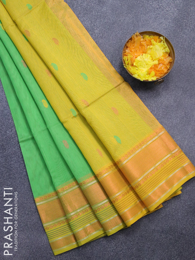 Maheshwari silk cotton saree parrot green and yellow with thread & copper zari woven buttas and copper & silver zari woven border